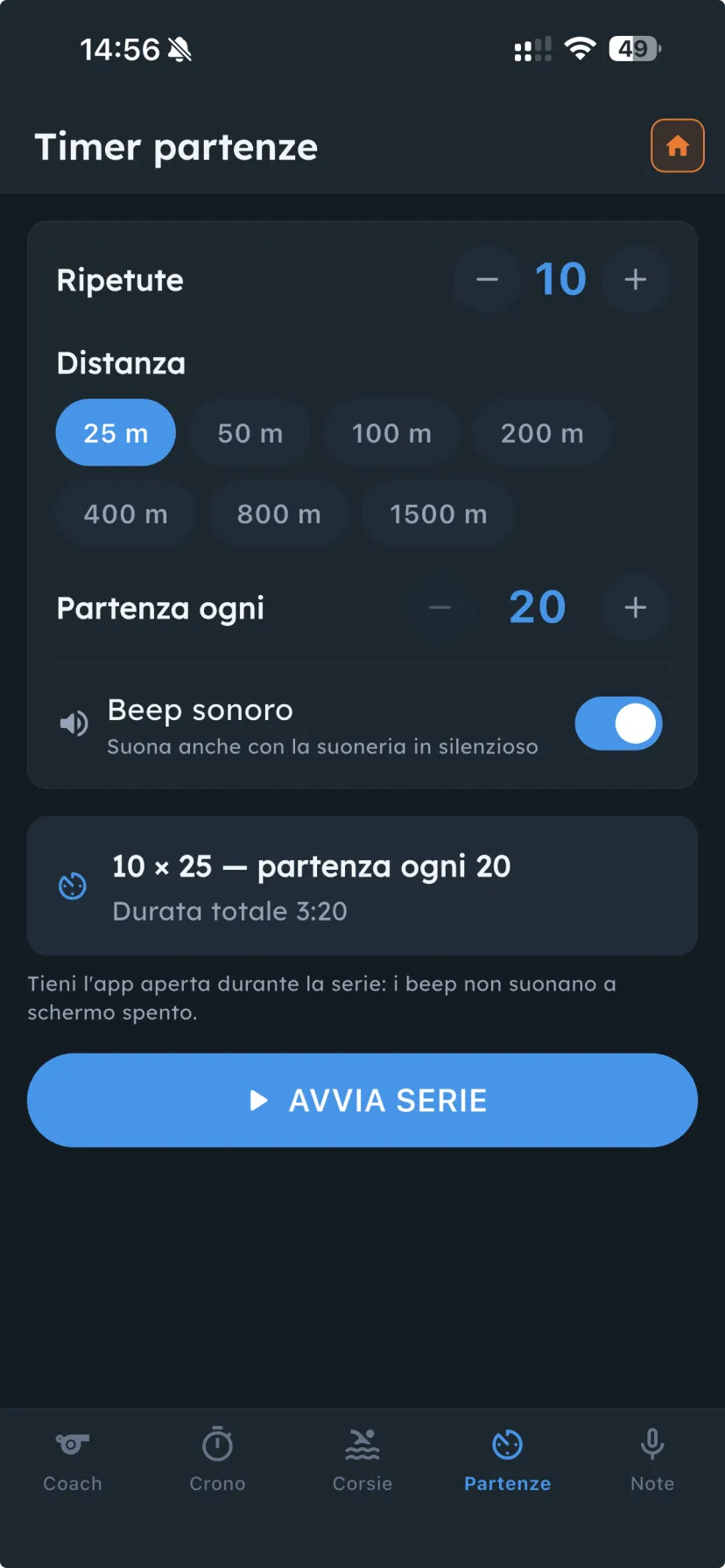 Timer partenze: dieci ripetute da 25 metri, partenza ogni 20 secondi